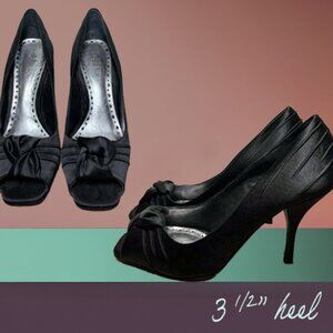 BCBGirls Black Satin Peep Toe Heels | Size 9W
